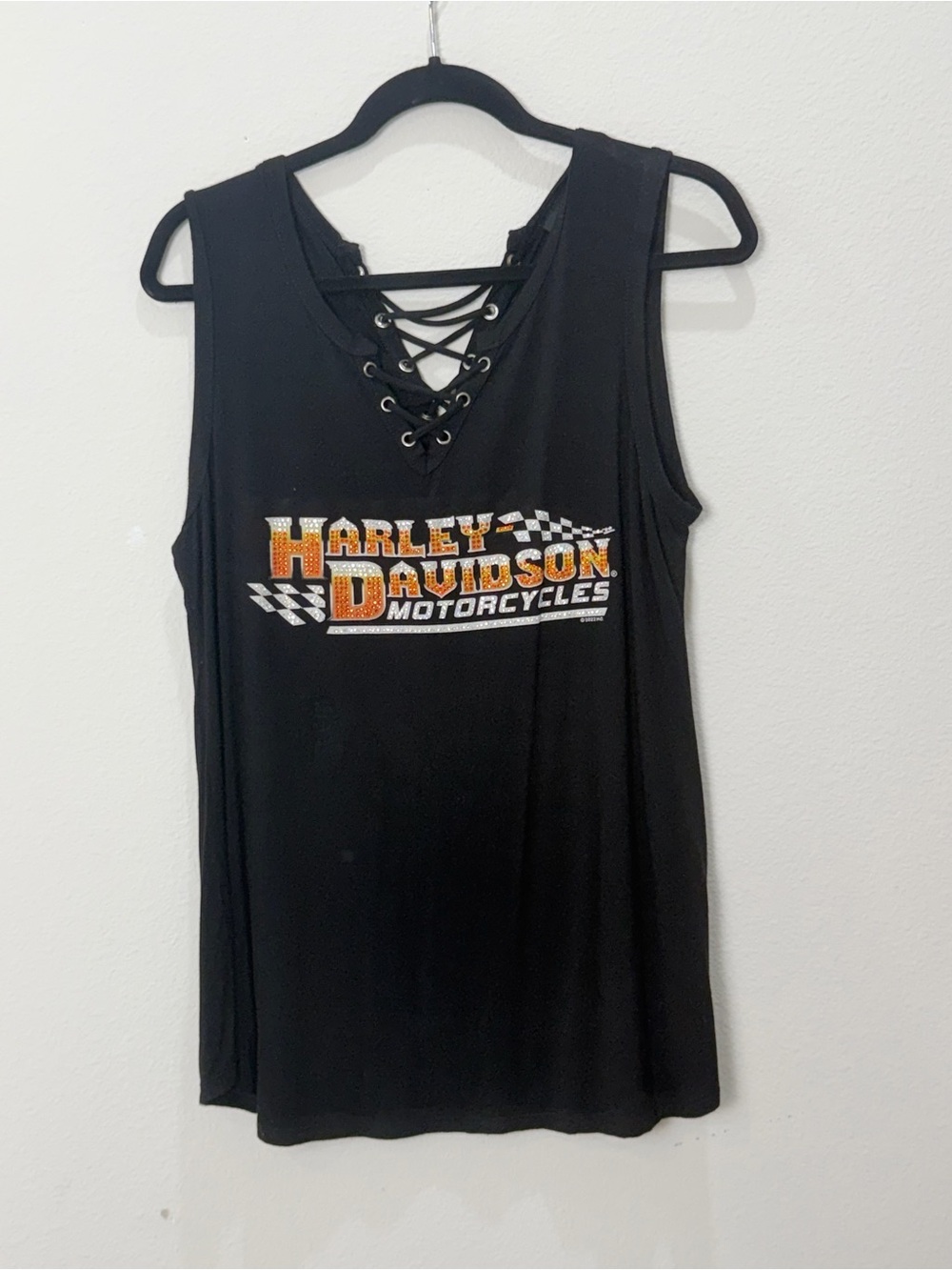 Harley-Davidson Black Lace-Up Tank with Orange & White Logo
